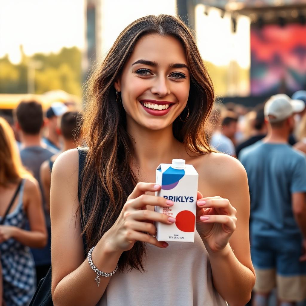 Consumidora usando un envase Briklys en un festival con mensaje de fidelización