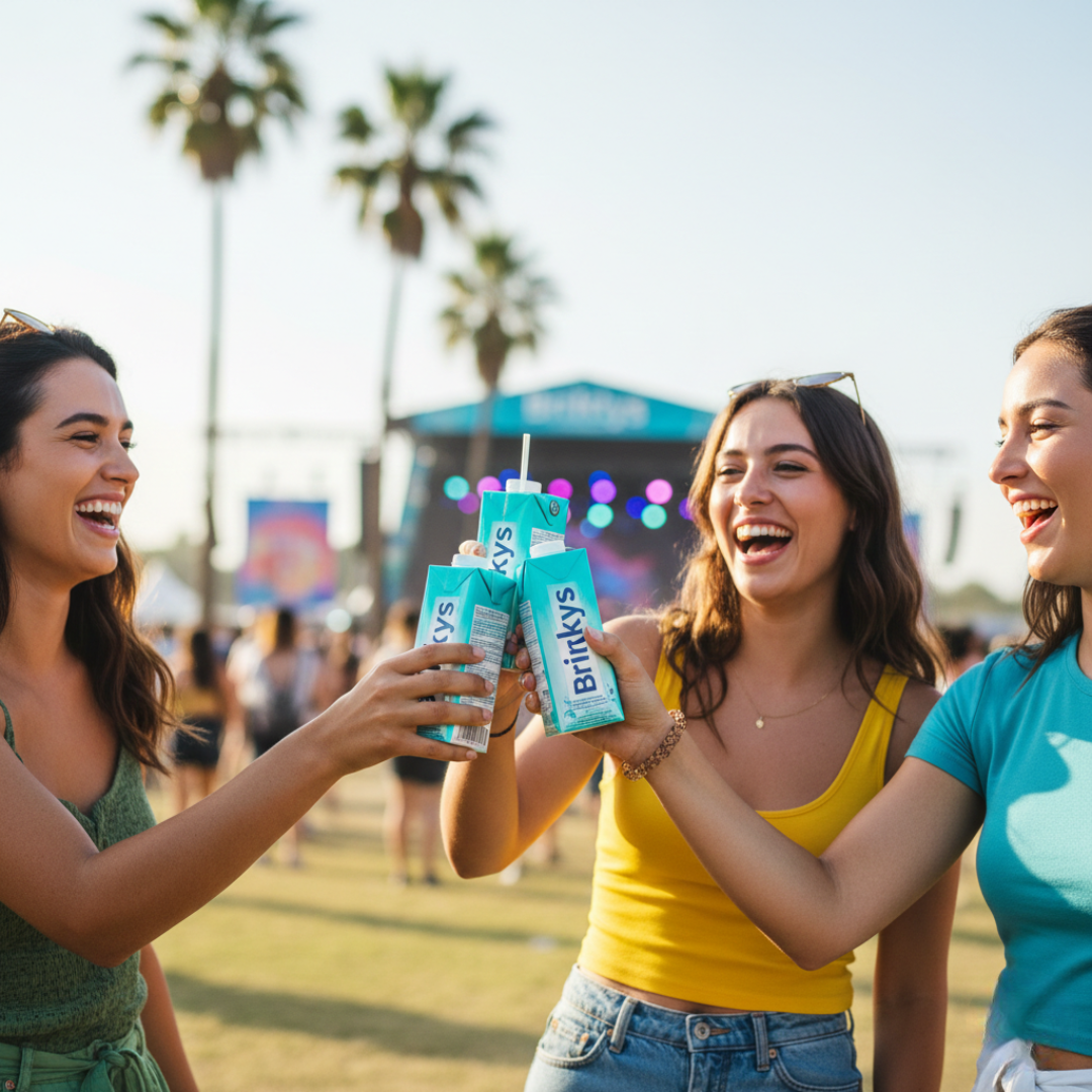 Asistentes brindando con envases tetrabrik Briklys personalizados en un festival