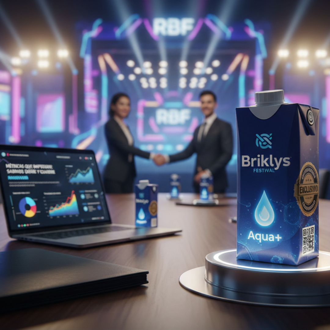 Presentación de partnership Briklys con métricas y envase personalizado