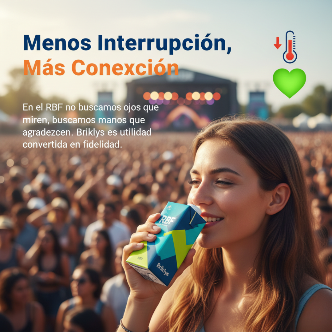 Consumidora usando un envase Briklys en un festival con mensaje de fidelización